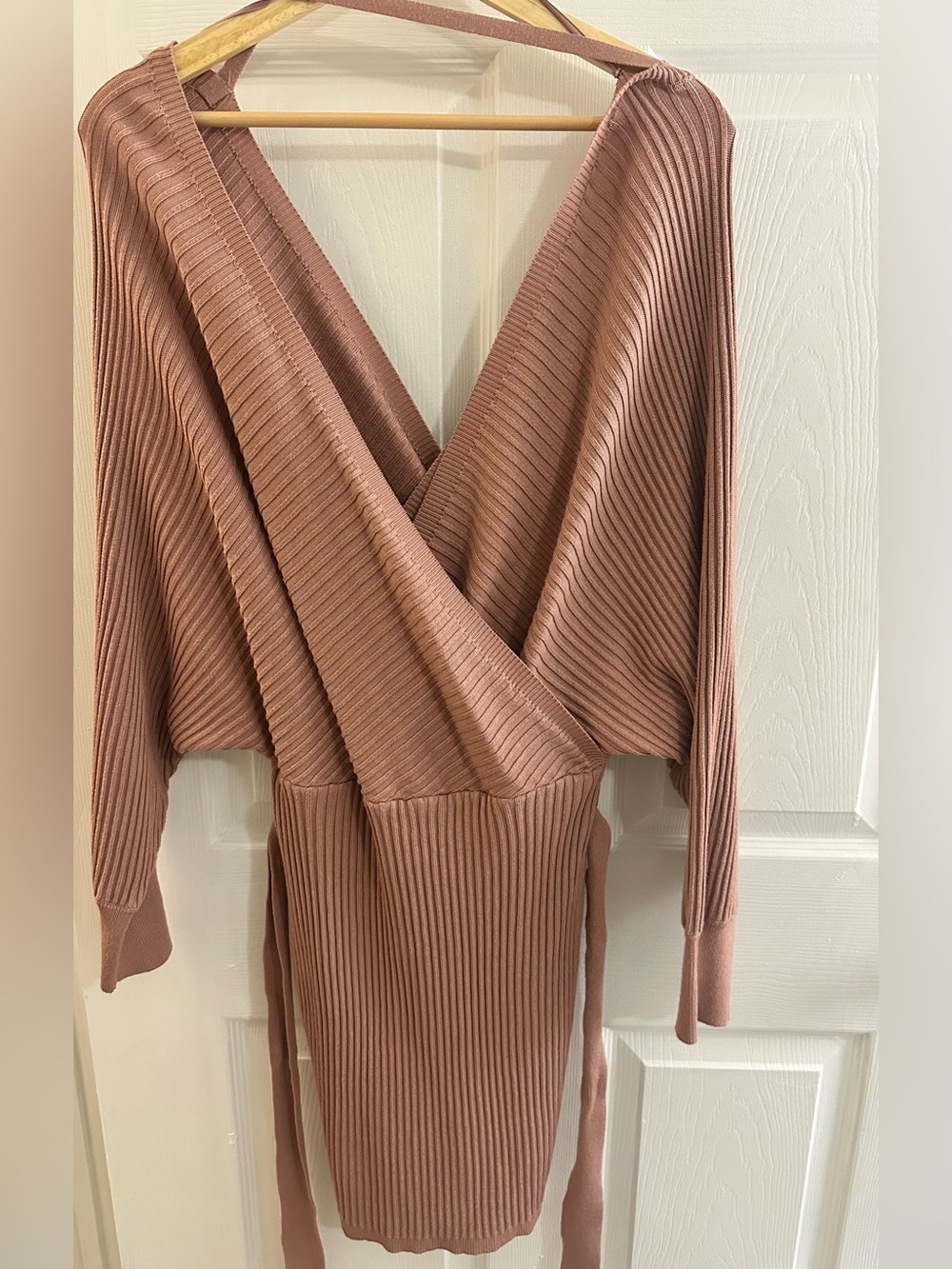 Women’s Love Tree Ribbed Wrap Knit Sweater Dress - Mauve Size L